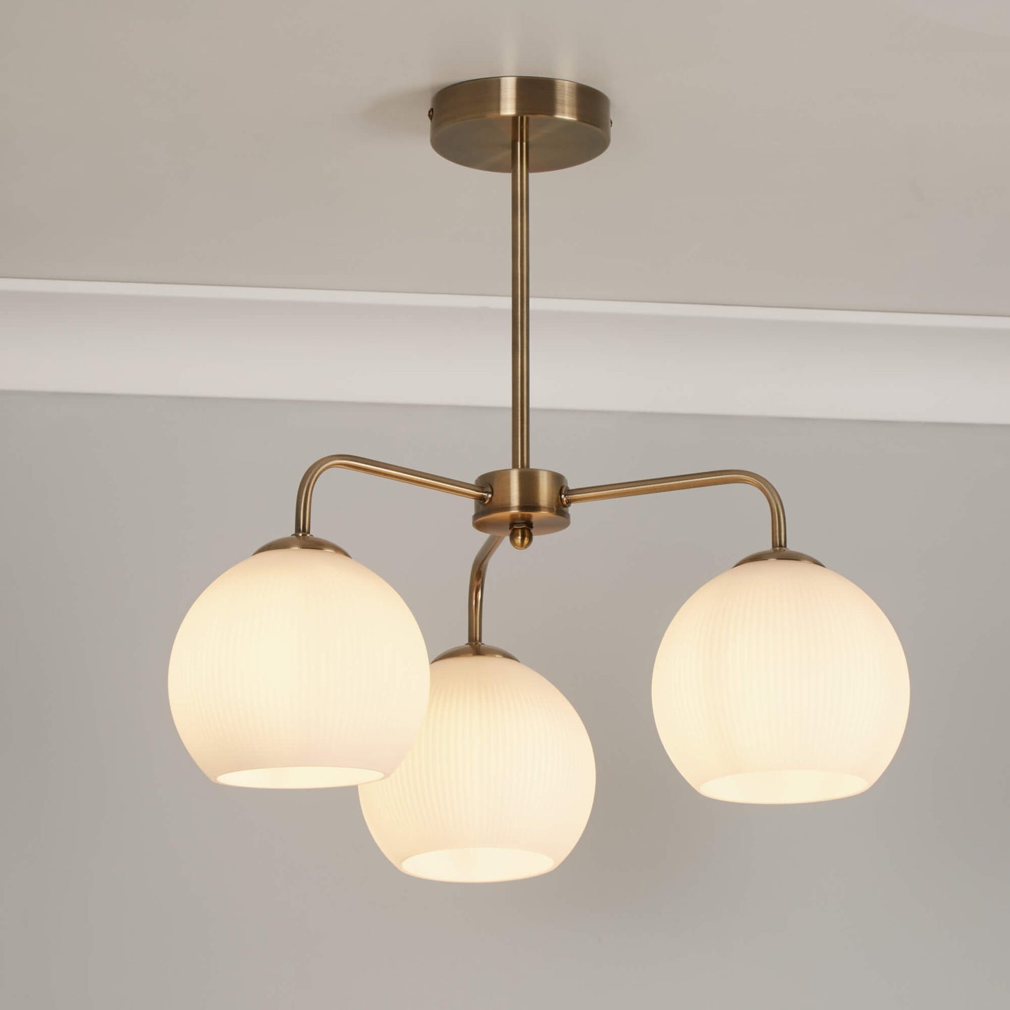 Hamblin 3 Light Antique Brass and Opal Glass Semi-Flush Ceiling Light - White Bear Furnishings