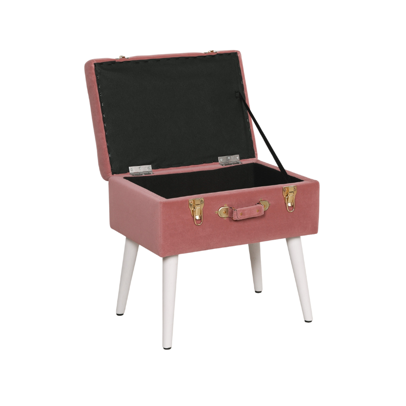 Pink Velvet Suitcase Storage Stool with White Wooden Legs - AV120