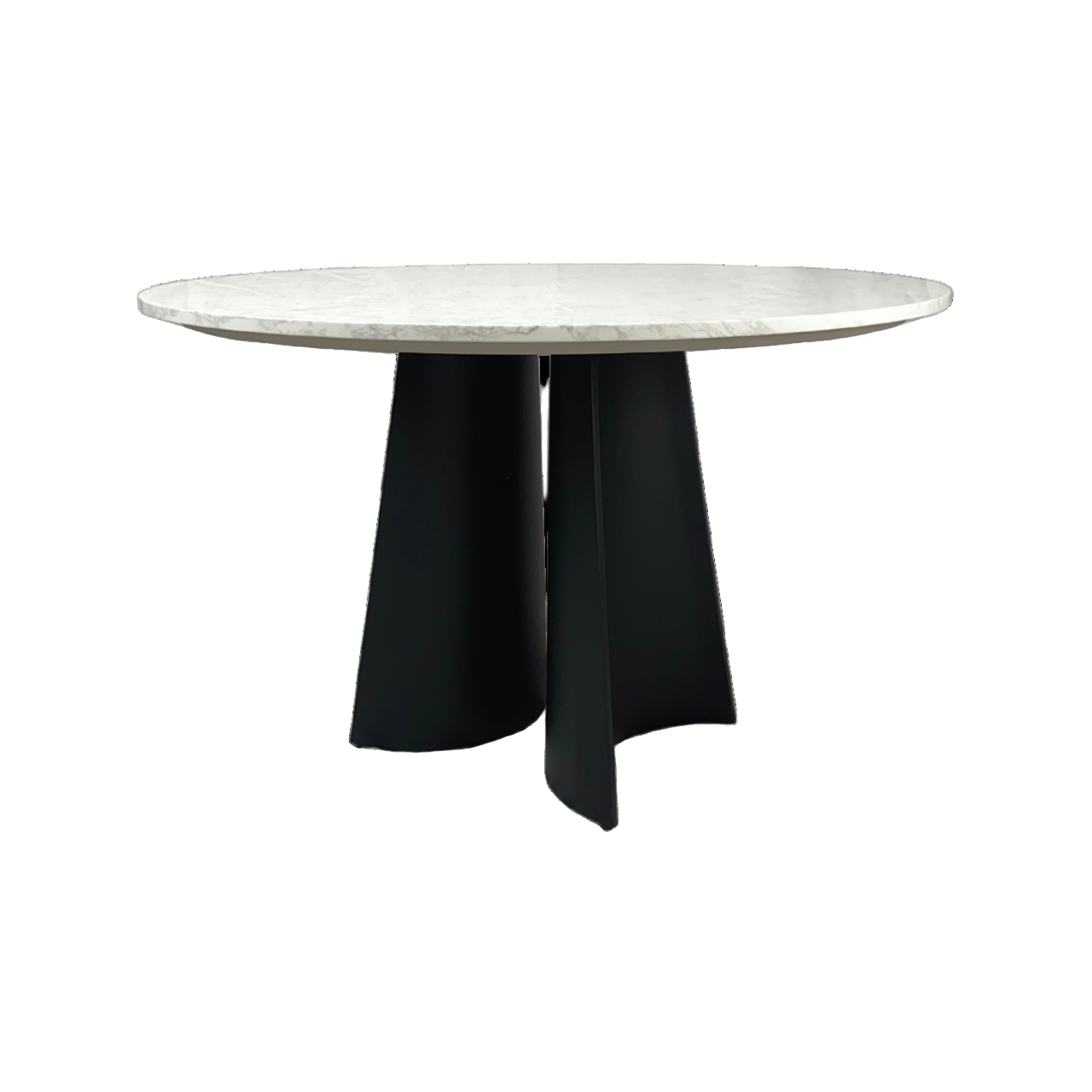 Round table with white marble top and black base on a white background