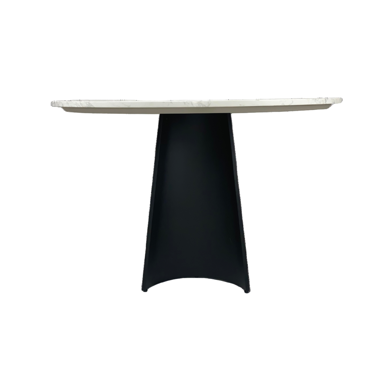 Round table with a white marble top and black base on a white background