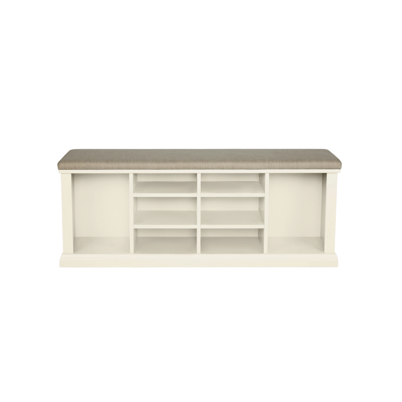 A white shoe storage bench with multiple compartments and a cushioned seat on a plain background.