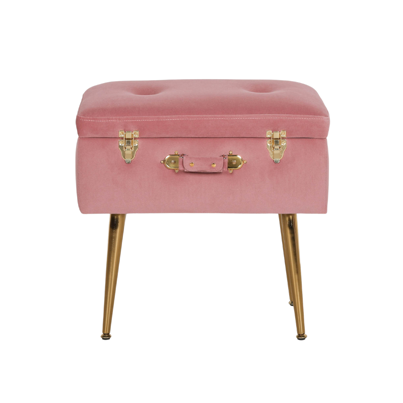 Pink Velvet Suitcase Storage Stool with Gold Legs - AV122