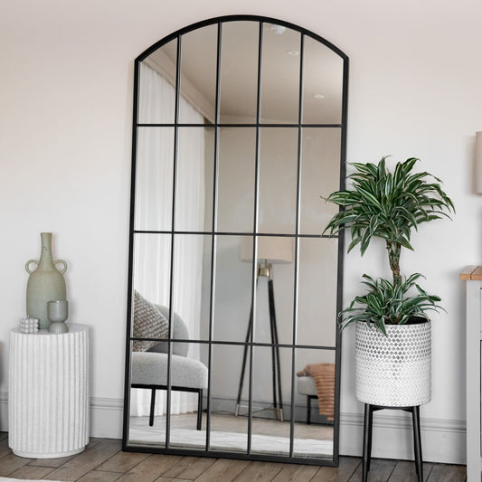 Tomi - Full Length Black Metal Arched Lattice Window Mirror - 150cm x 60cm. - White Bear Furnishings