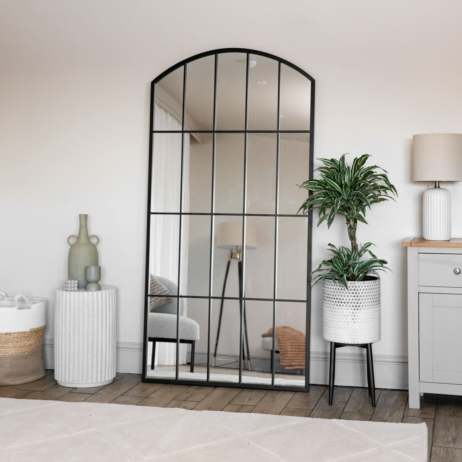 Tomi - Full Length Black Metal Arched Lattice Window Mirror - 180cm x 90cm - White Bear Furnishings