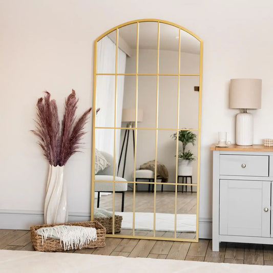 Tomi - Full Length Gold Metal Arched Lattice Window Mirror - 150cm x 60cm. - White Bear Furnishings
