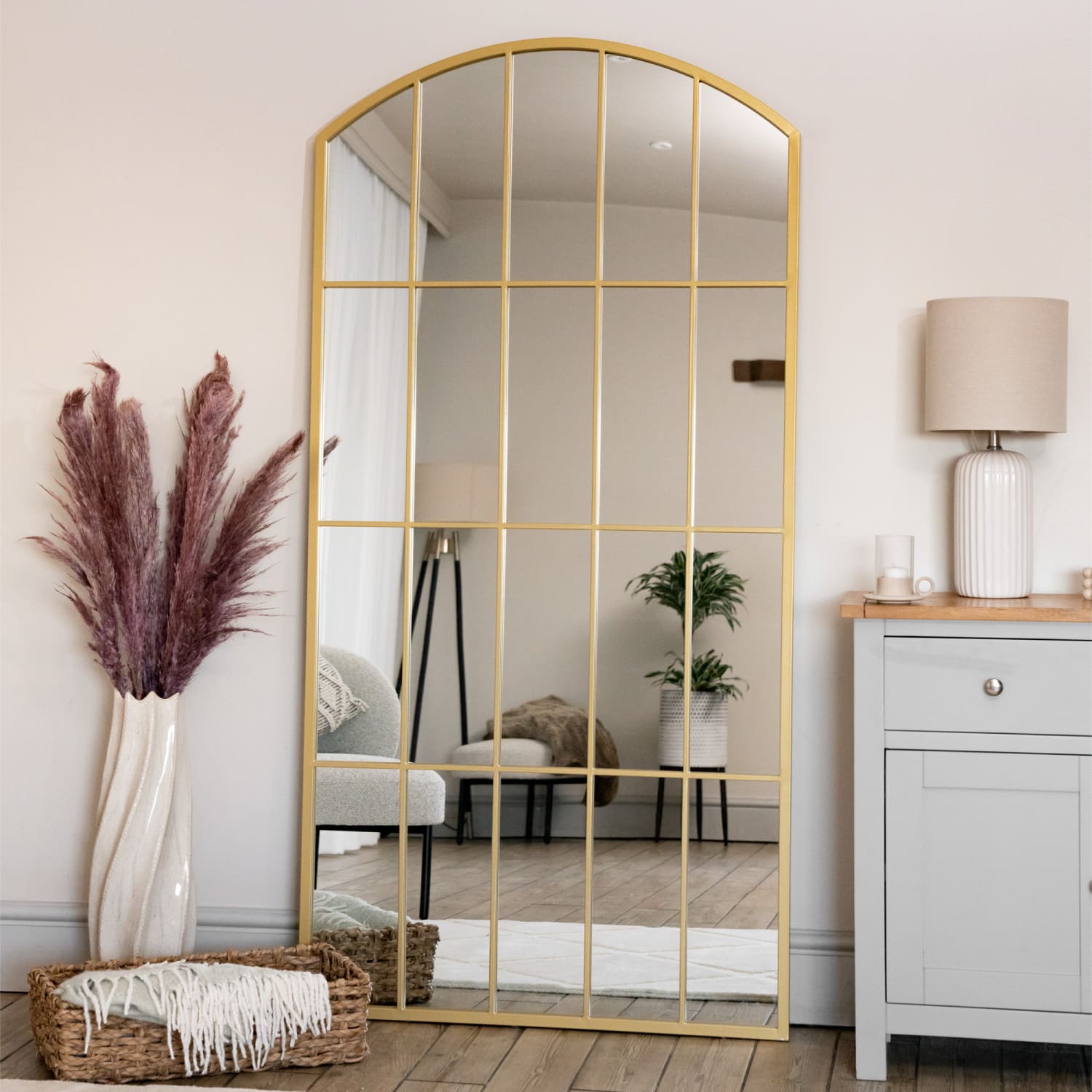 Tomi - Full Length Gold Metal Arched Lattice Window Mirror - 180cm x 90cm - White Bear Furnishings