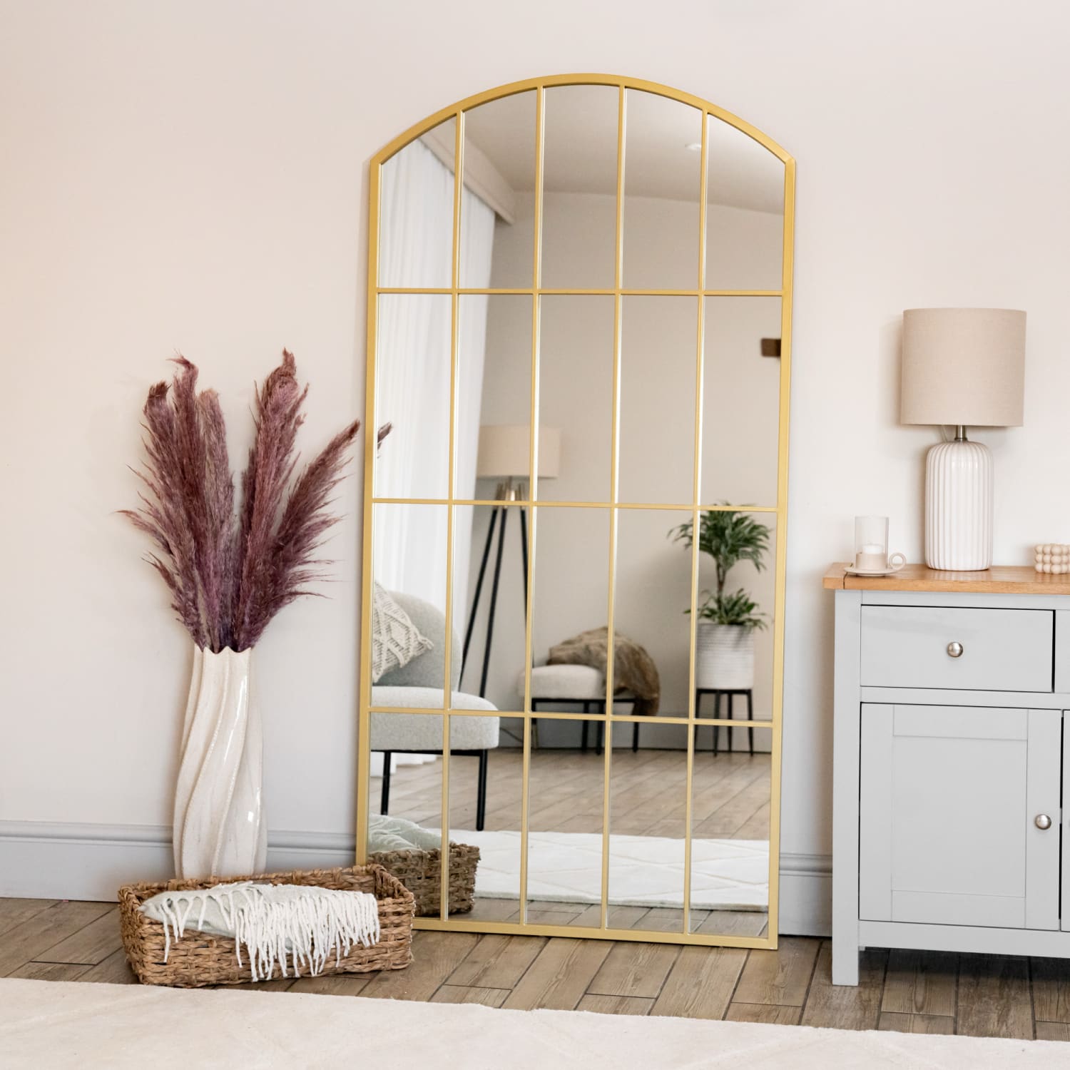 Tomi - Full Length Gold Metal Arched Lattice Window Mirror - 180cm x 90cm - White Bear Furnishings