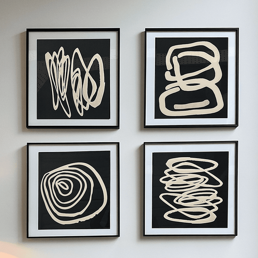Winchester Monochrome Abstract Squiggle Framed Wall Art - Set of 4 - White Bear Furnishings