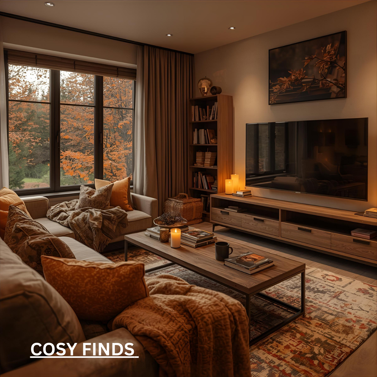 Cosy autumn living room with large sofas layered in throws and cushions, a wooden coffee table styled with candles and books, a modern TV unit, and warm lighting. A large window shows trees with orange autumn leaves, creating a snug seasonal atmosphere.