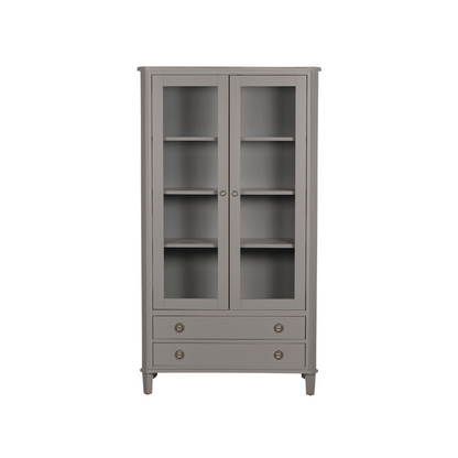 Gray cabinet with glass doors and drawers on a white background
