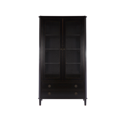Black cabinet with glass doors and drawers on a white background