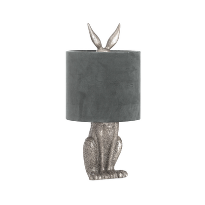 Handcrafted Antique Silver Hare Table Lamp With Grey Velvet Shade - 20697