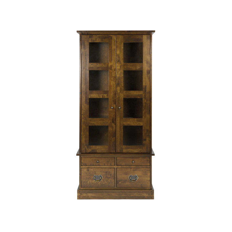 A dark chestnut wooden display unit with two doors and four drawers, featuring glass panels on the upper doors and metal handles.