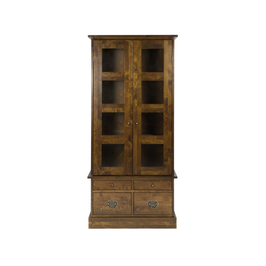 A dark chestnut wooden display unit with two doors and four drawers, featuring glass panels on the upper doors and metal handles.