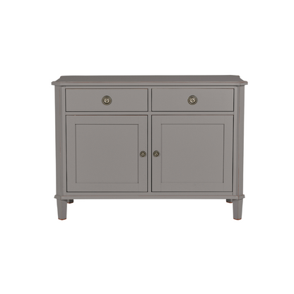 Gray cabinet with two doors and two drawers on a white background