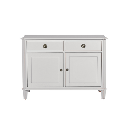 White cabinet with two doors and two drawers on a white background