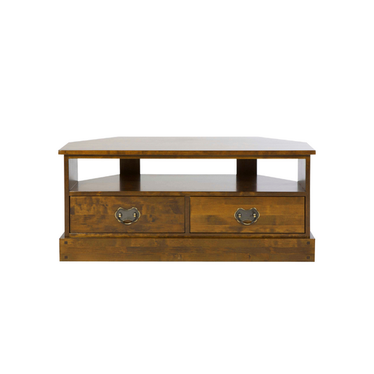 A dark chestnut brown 2-drawer corner TV unit with vintage handles and a open shelf above the drawers.