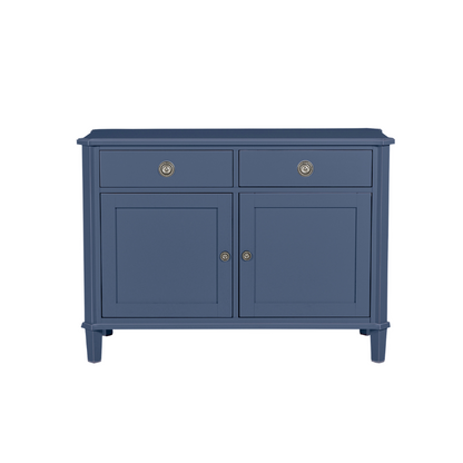 Blue cabinet with two doors and two drawers on a white background