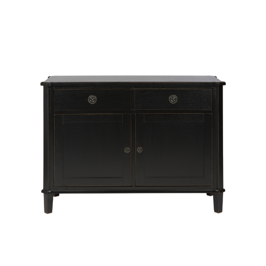 Black wooden cabinet with two doors and two drawers on a white background