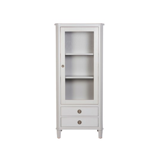 White cabinet with a glass door and two drawers on a white background