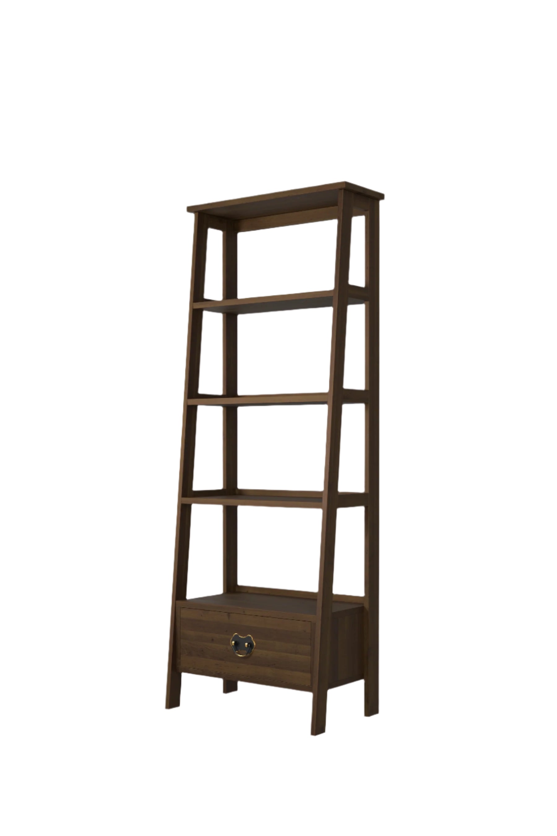 A dark chestnut brown Garrat ladder shelving unit with four shelves and a small drawer.