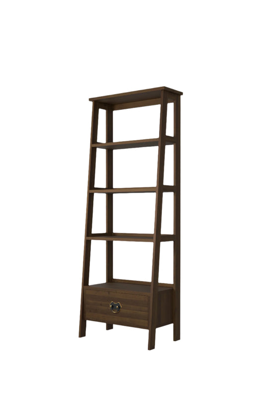 A dark chestnut brown Garrat ladder shelving unit with four shelves and a small drawer.