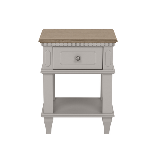A pale French grey 1-drawer side table with a lower shelf, made of wood, with a brown wooden top.