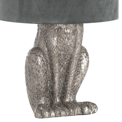 Handcrafted Antique Silver Hare Table Lamp With Grey Velvet Shade - 20697