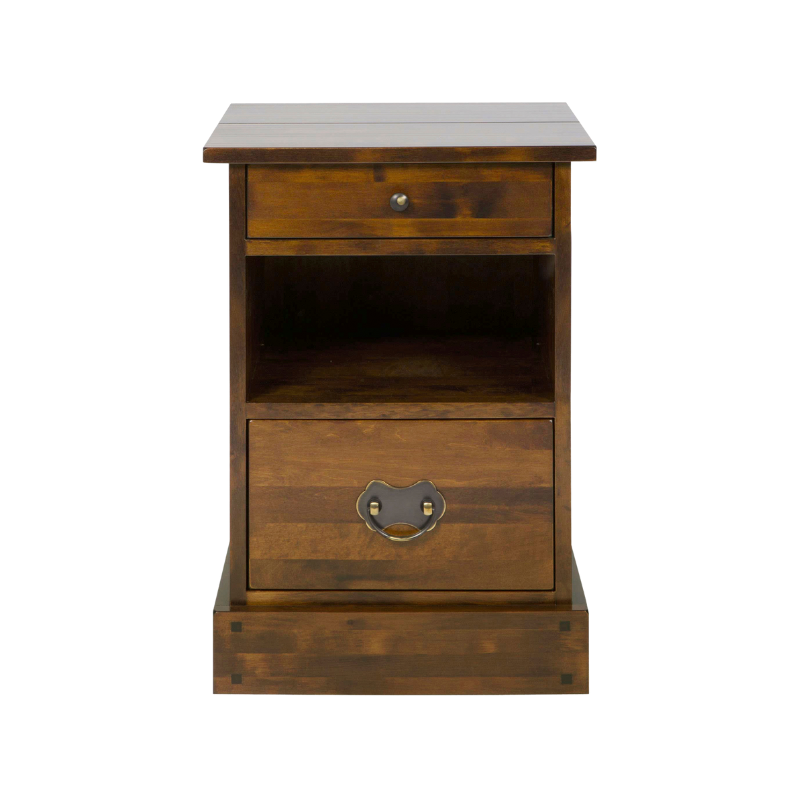 A 2-drawer side table with a dark chestnut finish and a lower shelf, featuring a heart-shaped handle on the right drawer.
