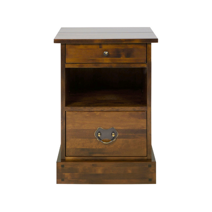 A 2-drawer side table with a dark chestnut finish and a lower shelf, featuring a heart-shaped handle on the right drawer.