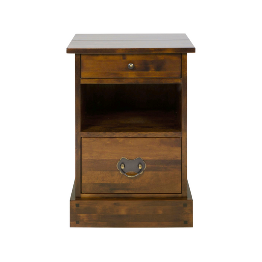 A 2-drawer side table with a dark chestnut finish and a lower shelf, featuring a heart-shaped handle on the right drawer.
