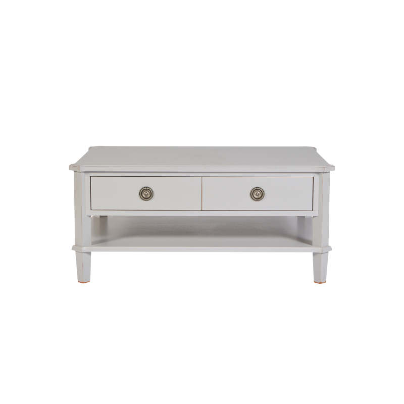 Light gray coffee table with two drawers on a white background