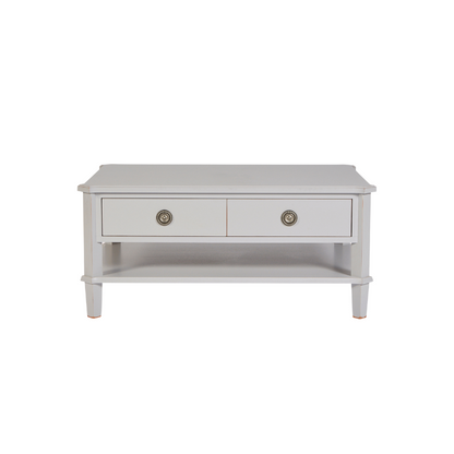 Light gray coffee table with two drawers on a white background
