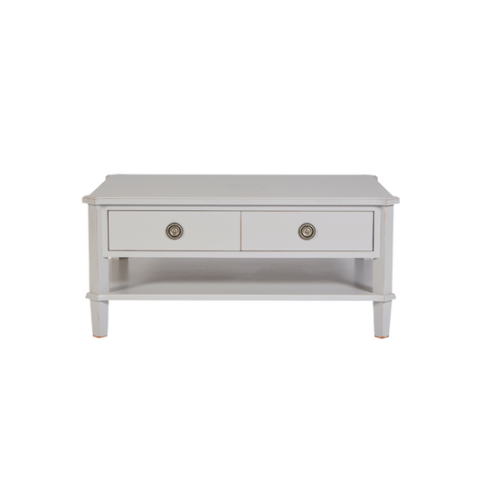 Light gray coffee table with two drawers on a white background