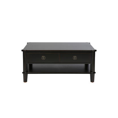 Black coffee table with two drawers on a white background