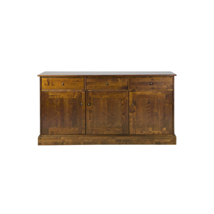 A dark chesnut brown 3 door 3 drawer sideboard with a wooden texture.