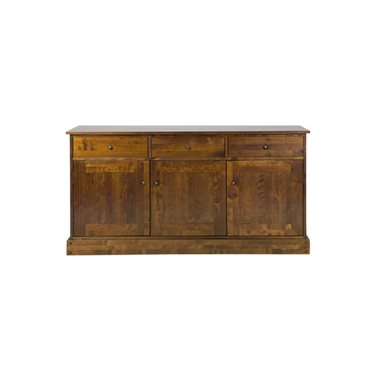 A dark chesnut brown 3 door 3 drawer sideboard with a wooden texture.