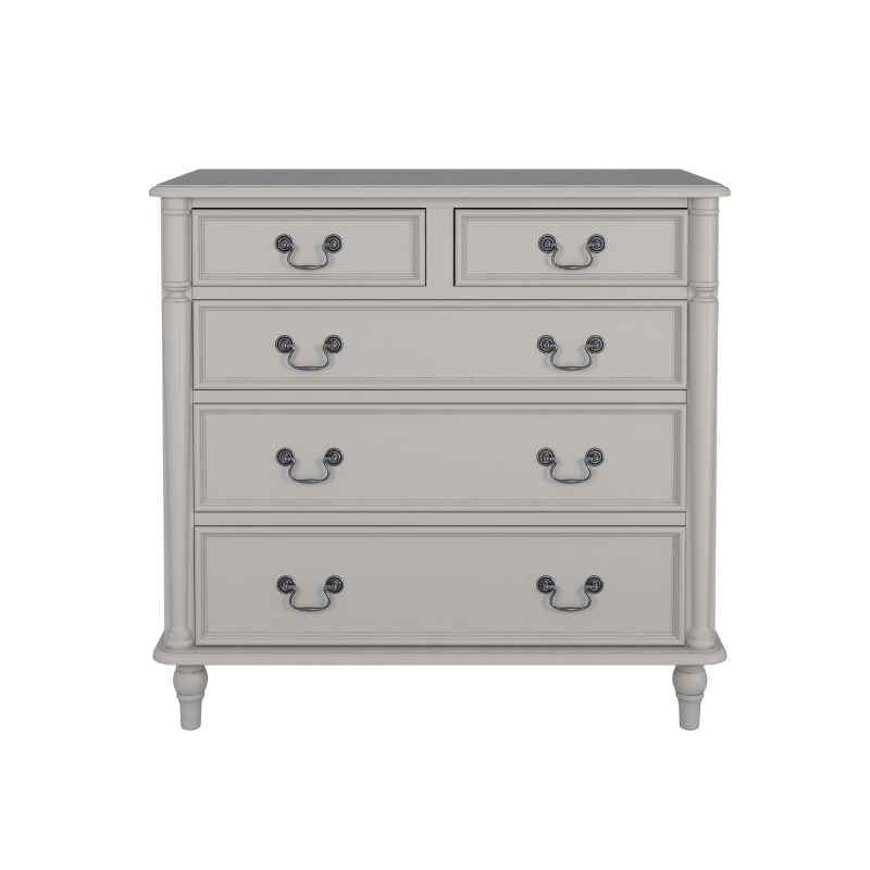 A dove grey chest of drawers with two smaller drawers on top and three larger ones below, each with a dark metal handle.