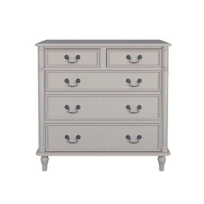 A dove grey chest of drawers with two smaller drawers on top and three larger ones below, each with a dark metal handle.
