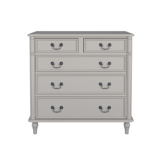 A dove grey chest of drawers with two smaller drawers on top and three larger ones below, each with a dark metal handle.