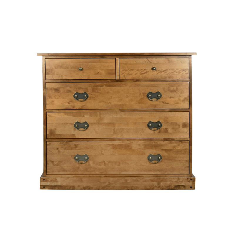 A honey-colored wooden drawer chest with two smaller drawers on top and three larger ones below, featuring metal handles.