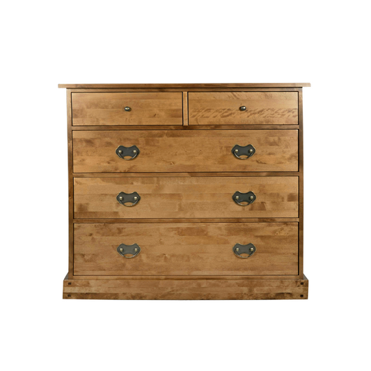 A honey-colored wooden drawer chest with two smaller drawers on top and three larger ones below, featuring metal handles.