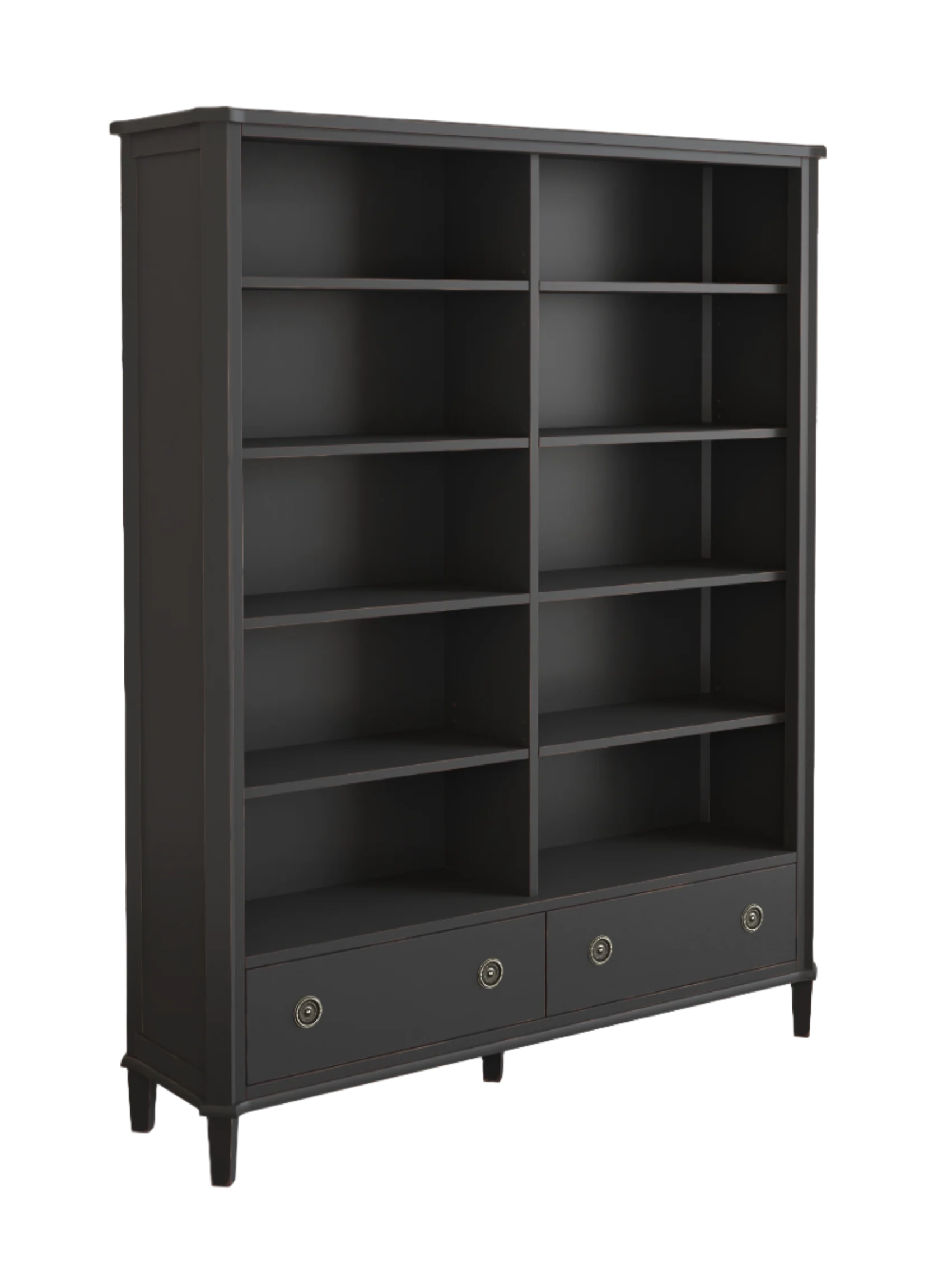 Left-hand corner view of a black bookcase with multiple shelves and two drawers on a white background