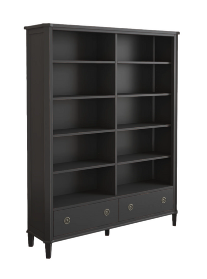 Left-hand corner view of a black bookcase with multiple shelves and two drawers on a white background