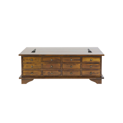 A brown wooden coffee table with 12 drawers, the top two drawers are different shades of brown with a lighter shade on the top drawer and darker shades on the lower drawer, with a solid wood construction.