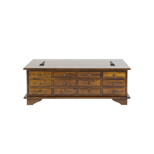 A brown wooden coffee table with 12 drawers, the top two drawers are different shades of brown with a lighter shade on the top drawer and darker shades on the lower drawer, with a solid wood construction.