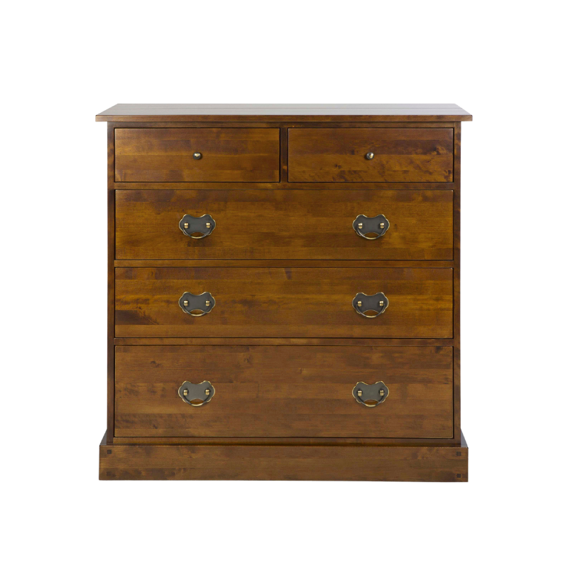 A brown wooden drawer chest with two smaller drawers on top and three larger ones below, with metal handles.