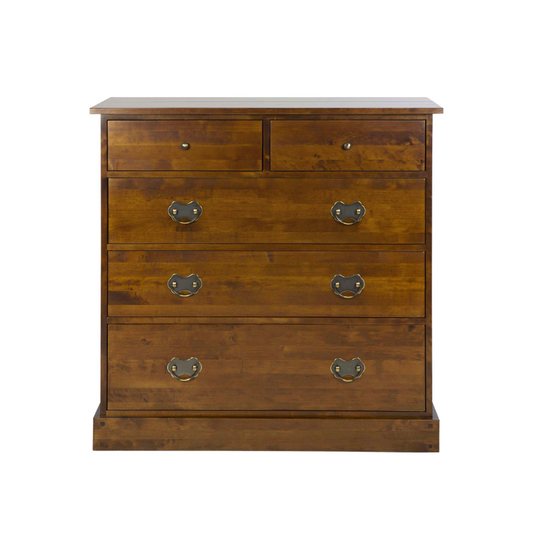 A brown wooden drawer chest with two smaller drawers on top and three larger ones below, with metal handles.