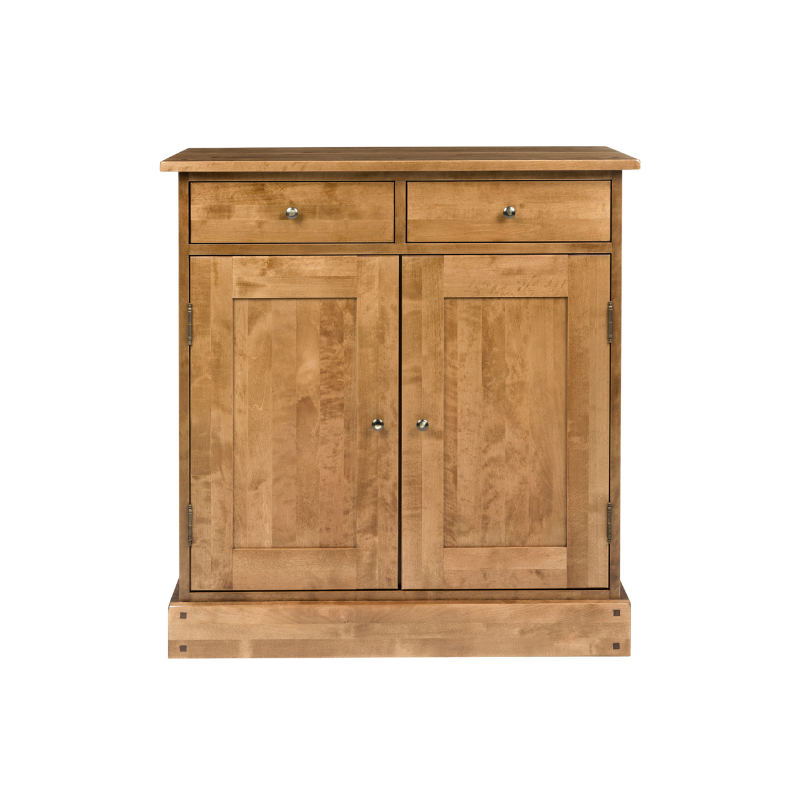 A narrow sideboard with two doors and two drawers, in a honey wood finish.