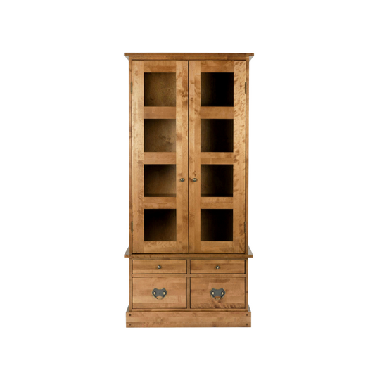 A wooden display unit with two doors and four drawers, featuring a honey color finish and glass panels on the doors.